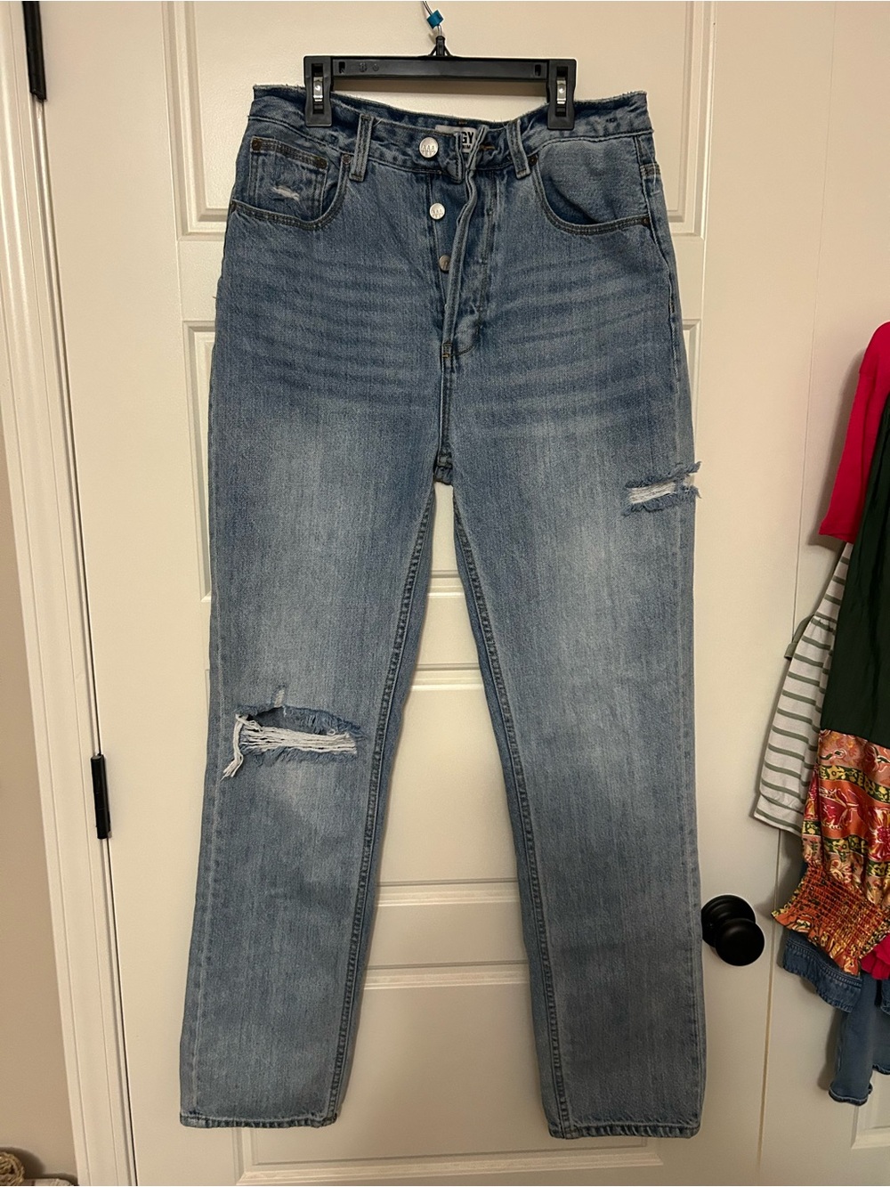High-Rise Straight-Leg Distressed Jeans - Light Blue